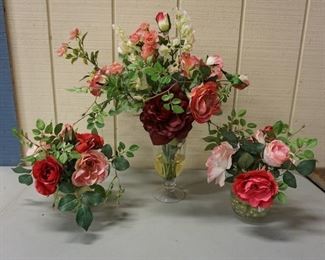 1097	LOT 3 GLASS VASES WITH ARTIFICIAL ROSES
