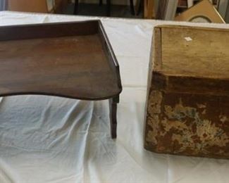1104	2 PCS-FOLDING WOODEN BED TRAY & PRIMITIVE WOODEN BOX
