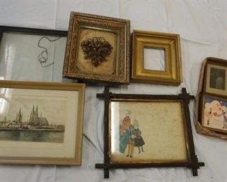1105	LOT OF FRAMES & ARTWORK INCLUDING CRISS CROSS FRAME
