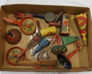 1106	LOT OF TIN LITHO TOYS, NOISE MAKERS, ETC
