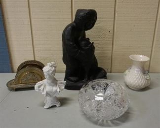 1131	5 PC LOT-CUT GLASS BOWL, BELLEEK VASE, BISQUE BUST, SIGNED ESKIMO STAUE & BRASS LETTER HOLDER
