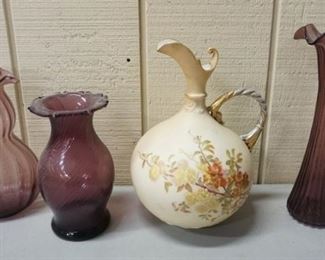1163	LOT-ROYAL RUDOLSTADT EWER & 3 AMETHYST GLASS VASES
