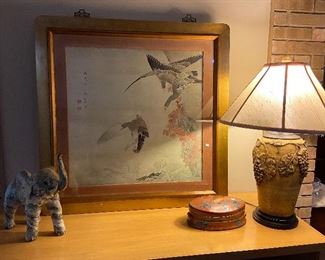 Nicely framed Asian print, grape design urn lamp.