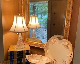 Beautiful crystal lamp, gilded gold framed mirror and painted china.
