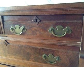 Antique Marble Top Chest, 4 drawers.  $250 Burled walnut or mahogany.  31h 18d 42w.   Small light stain on marble top.  