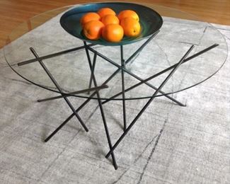 Modern Glass Coffee Table 16h 36w, good condition.  Table SOLD.   Ocean Colors Swirl Glass Bowl $40