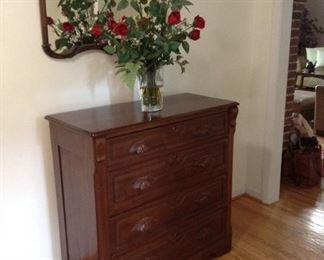 Victorian carved mirror and chest  $400 if purchased together, separately: 
Mirror $150,  31-1/2"w x 30"h,                                Victorian  Dresser with Hand Carved Pulls  $300     Note:  Faux Roses in resin $40, also available