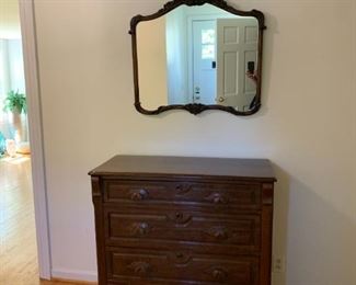 Victorian carved mirror and chest  $400 if purchased together, separately: 
Mirror $150,  31-1/2"w x 30"h,                                Victorian  Dresser with Hand Carved Pulls  $300  