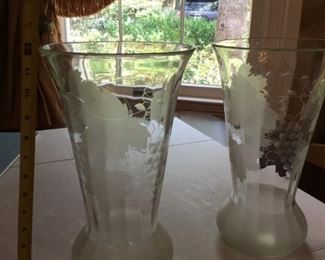 $140 Old antique large frosted glass grape vases 