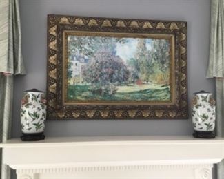 $475  Victorian frame with original glass 34 1/2”T x 48”L - $90 pair of Andrea Sadek urns with base and top 14” x 8” 