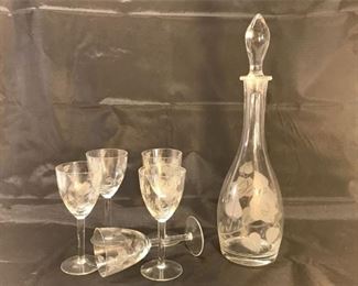 4. Etched Rose, Clear Decanter, 6 pc Set wstemware