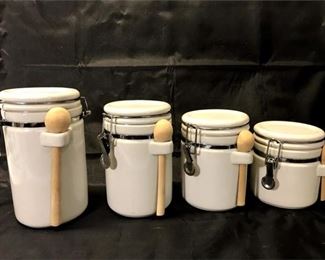 70. White Alco Industries 4 pc Canister Set wWood Spoons