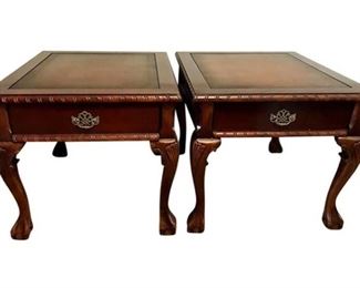 148. Pair of Cherry Pecan Ball Claw Foot End Tables, Leather inlaid wgold leaf
