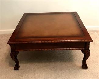 149. Cherry Pecan Ball Claw Foot Square Coffee Table, Leather inlaid wgold leaf