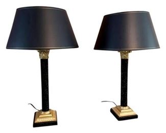 150. Pair of Black Marble Gold Tone 30 Tall Lamps wBlue Shades