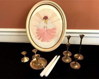 174. Vintage Oval Framed Dried Floral wBrass Candle Stick Lot