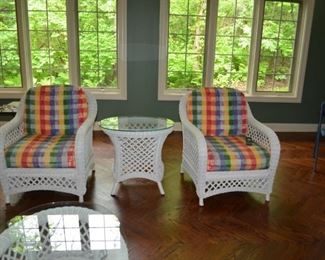 Pr White Wicker indoor Chairs $500.00pr. Wicker Table $50.00