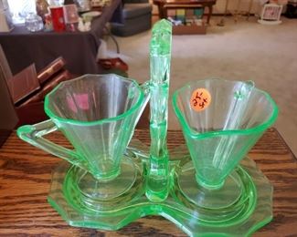 Vintage green glass cream and sugar with carrier