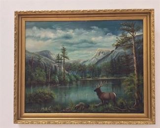 Framed Elk and Mountain Scene by Heath 1954. 