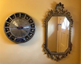 Gold mirror & Ford wheel cover clock 