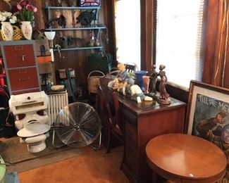 Leather top desk, table, straight back chairs, war poster, farm, file cabinet 