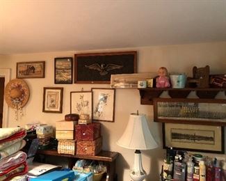 Artwork, Shenandoah panoramic, bed, lamp, jewelry and sewing boxes