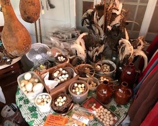 Quail, duck & goose eggs, feathers, & gourds