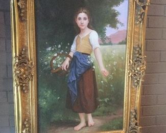 Large old oil painting of child in pasture
