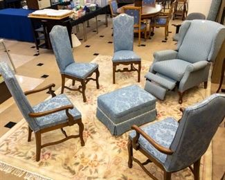 Blue wingback recliner chair, blue re-upholstered chairs, ottoman.