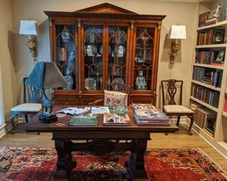 Beautiful, lighted china cabinet, by Kindel Furniture Co., Grand Rapids, MI., (orig. cost was $22K)  antique Italian writing desk, a pair of mahogany side chairs (there's a set of 6) pair of lighted brass wall sconces and bookcases FILLED with treasures!