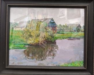 Nicely Framed Oil on Board, "Russian Village, by River" by Russian Artist, Dmitriy Proshkin.