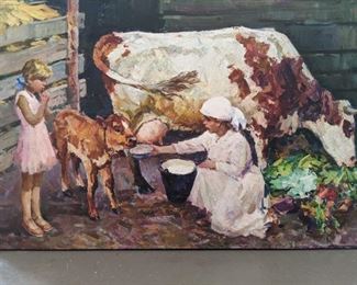 Unframed Oil on Canvas, "Mother & Child, w/Cow & Calf" by Russian Artist, Anatoly Shapovalov.