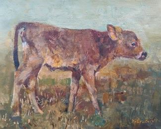 Unframed Oil on Canvas, "Calf in Meadow" by Russian Artist, Andrei Yalanski.