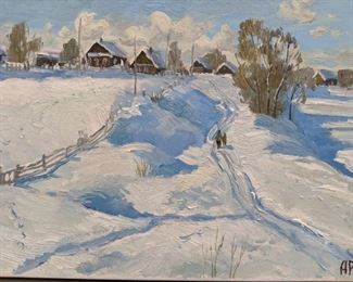 Unframed Oil on Canvas, "Russian Village in Winter" by Russian Artist, Ralif Ahmetsin.
