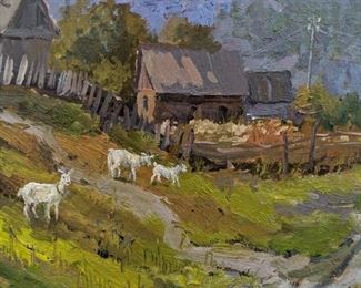 Unframed Oil on Canvas, "Russian Goat Farm" by Russian Artist, Anatoly Shapovalov.
