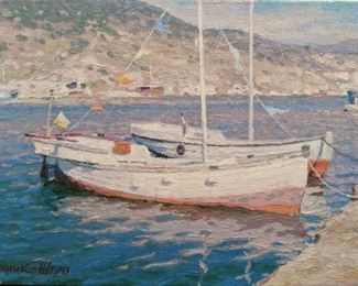 Unframed Oil on Canvas, "Boat in Harbor, Crimea" by Russian Artist, Olec Vinnik.