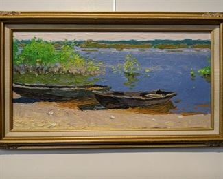 Nicely Framed Oil on Board, "Canoes on Volga River" by Russian Artist, Oleg Vinnik.