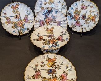 Beautiful six-piece (4 dessert plates, 2 compotes) set of hand-painted china, by Spode Copeland, 1875-1890.