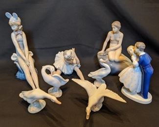 Vintage Lladro collection, with "Little Mermaid", "Death of a Swan", "Mouse Girl" and 4-piece goose collection.