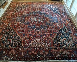 HUGE vintage Persian Heriz rug, hand woven, 100% wool face, measures 13' 6" x 15' 4".