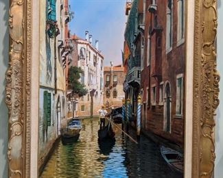 Nicely framed/matted artist signed Venetian canal scene.                                                                                                        This is as close as you're going to get this year, so buy this oil with all the money you'll save by not taking an extravagantly expensive European vacation this year!