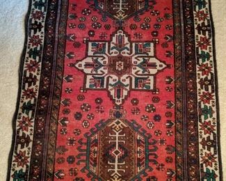 Vintage Persian Karache Heriz rug, hand woven, 100% wool face, measures 3' 4" x 5' 4".