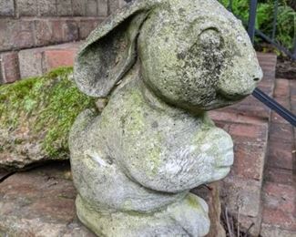 The best little concrete bunny evah!                                       She even has a cast iron goose, delicately perched on her sweet head.