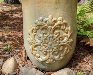 Nice glazed terra cotta pot, with hosta that has been manicured by the local deer population. 
