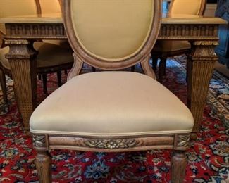 One of the French-style custom made side chairs, to match the Marge Carson dining table.