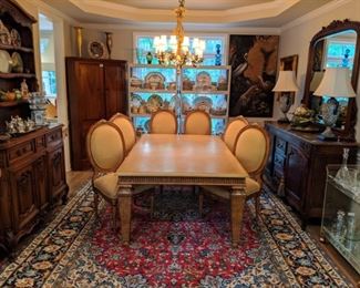 GORGEOUS Marge Carson carved wood dining table, with set of eight custom made side chairs to match; table has two, 14" wide leaves.