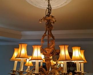 Antique, 10-light French gilt chandelier, with silk shades.