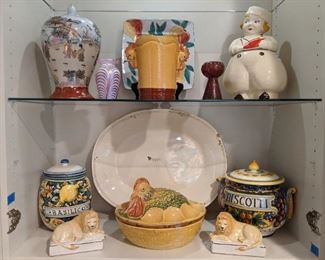 Hand-painted Italian earthenware pieces, vintage ceramic cookie jar, pair of English ceramic lions, Murano glass vases.