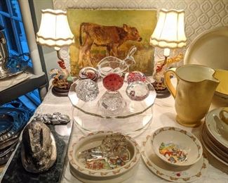 Vintage children's dinnerware, collection of blown glass paperweights, pair Oleg Cassini crystal cakes stands, pair of earthenware rooster table lamps, with shades & finials, original oil on canvas of calf in a field, by Russian artist, Andrei Yalanski.