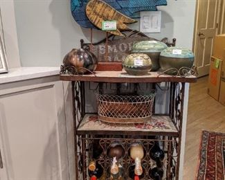 Wrought iron/mosaic wine rack, with artisan wooden rooster, NC pottery pieces by Frank Vickery, of the Dave Drake Studio Barn and french wire planter.